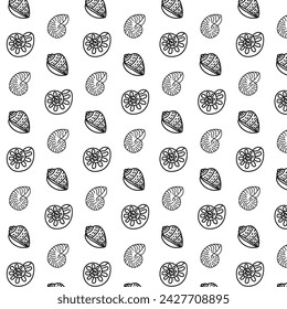 
Marine seamless background from hand-drawn seashells and stars. Marine pattern with shellfish isolated on white.