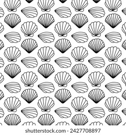 
Marine seamless background from hand-drawn seashells and stars. Marine pattern with shellfish isolated on white.