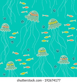 Marine seamless background with jellyfish