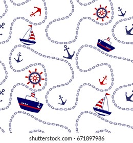 Marine seamless background sea anchor and chain and boat.