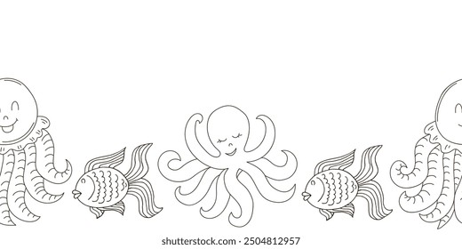 Marine seamless border. Monochrome fairy-tale drawing