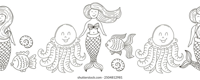 Marine seamless border. Monochrome fairy-tale drawing