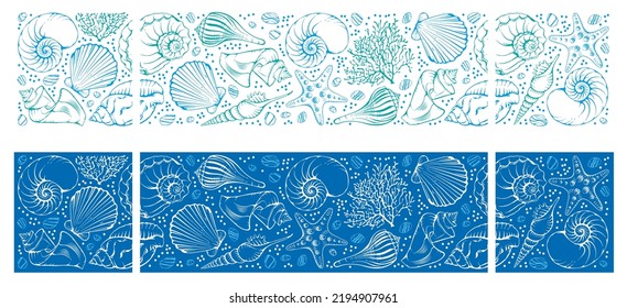 Conjunto de borde sin soldadura marino con elementos de esquina. Decoración sin foco con varias conchas tropicales, estrellas de mar, coral y piedras marinas dibujadas a mano. Modalidades de colores sobrios y elegantes. Ilustración del vector