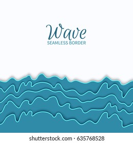 Marine seamless border with stylized blue waves on a white background. Cut out a paper pattern of water wave abstract flat design.