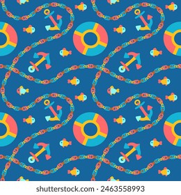 Marine seamless colorful pattern with fish, lifebuoy, anchor and chain.