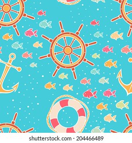 Marine seamless cute background with colored fish, anchors and steering wheels - 2. vector illustration