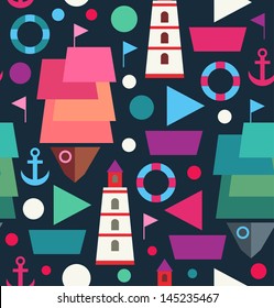 Marine seamless decorative pattern. Sea creative background with ships, boats, lighthouses, beacons and anchors