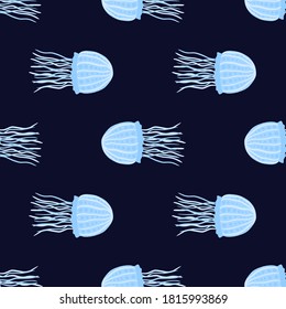 Marine seamless doodle pattern with jellyfish elements. Aqua print in blue tones on dark navy colored background. Perfect for wallpaper, textile, wrapping paper, fabric print. Vector illustration.