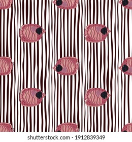 Marine seamless doodle pattern with pink butterfly fish ornament. Striped white and brown background. Decorative backdrop for fabric design, textile print, wrapping, cover. Vector illustration.
