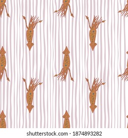 Marine seamless doodle pattern with underwater squids ornament. White and lilac striped background. Decorative backdrop for fabric design, textile print, wrapping, cover. Vector illustration