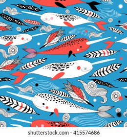 Marine seamless graphic pattern with different white whale on a blue background