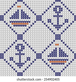 Marine seamless knitted pattern with anchors and sailboats. Vector.
