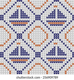 Marine seamless knitted pattern with sailboats. Vector.
