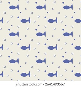 Marine seamless pattern with abstract little fish on beige background. Sea blue vector ornament in doodle style.