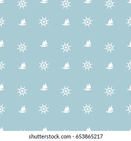 Marine seamless pattern - abstract monochrome texture boat and steering wheel.