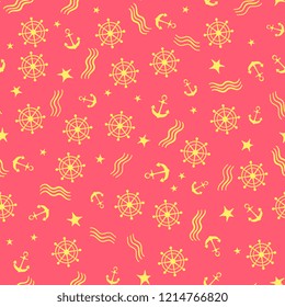 Marine seamless pattern. Anchor, captain's wheel, waves and a star.