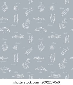 Marine seamless pattern. Anchor, fish, shrimp. Vector	
