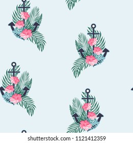 Marine seamless pattern with an anchor and flowers. Summer background with an anchor. Flowers at anchor.
