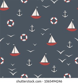 Marine seamless pattern with an anchor, the ship, a lifeline and a seagull. Vector.