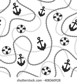 Marine seamless pattern. Anchors and chains black and white background. Nautical cartoon background.