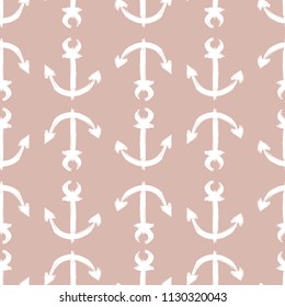 Marine seamless pattern with anchors on brown background. Hand drawn vector illustration.