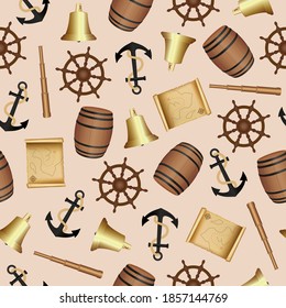 Marine seamless pattern with anchors, steering wheels and more.