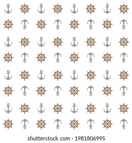 Marine seamless pattern with anchors and steering wheels. Simple minimal summer design on white background. Nautical vacation adventure repeat pattern.
