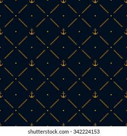 marine seamless pattern background. with golden anchor, diagonal chain and polka dots ornament. vector illustration