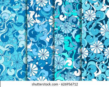 Marine seamless pattern. Background with waves, dolphins and anchors. Set of vector illustrations