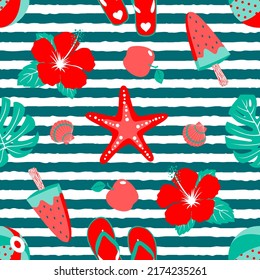 Marine seamless pattern with beach items. Hibiscus, monstera, popsicle, slates, ball, starfish. Vector clipart.