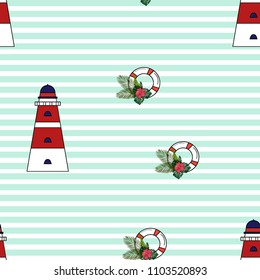 Marine seamless pattern with a beacon, life buoy and tropical flowers.