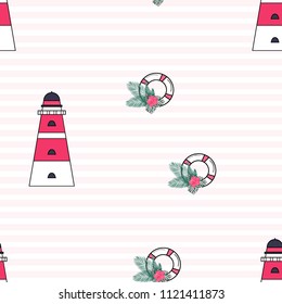 Marine seamless pattern with a beacon, life buoy and tropical flowers.