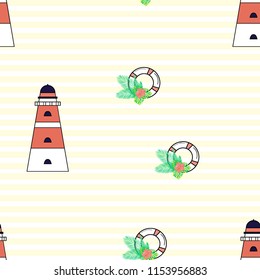 Marine seamless pattern with a beacon, life buoy and tropical flowers.