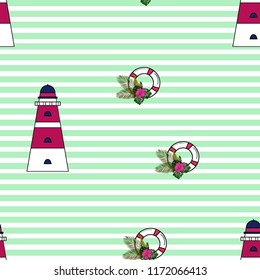 Marine seamless pattern with a beacon, life buoy and tropical flowers.