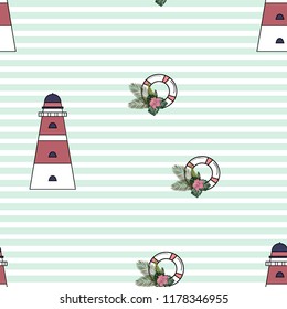 Marine seamless pattern with a beacon, life buoy and tropical flowers.