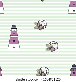 Marine seamless pattern with a beacon, life buoy and tropical flowers.