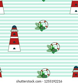 Marine seamless pattern with a beacon, life buoy and tropical flowers.