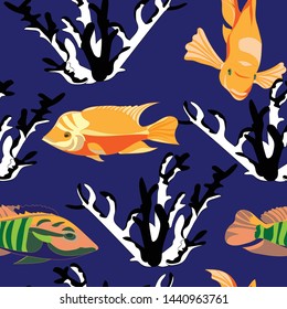 marine seamless pattern of beautiful bright orange tropical fish and black and white coral on blue background