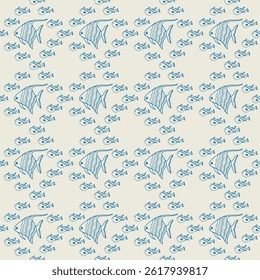 Marine seamless pattern with big and small fish. Pattern with fish outlines in indigo color on a light background. Monochrome pattern on a beige background. Vector pattern, hand drawn