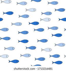 The marine seamless pattern with blue fishes. 