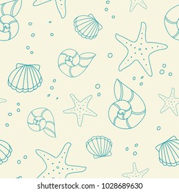 Marine seamless pattern with blue shells and starfish on a yellow background. Vector.