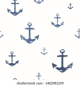 Marine seamless pattern with blue tattered anchors on a white background. Vector.