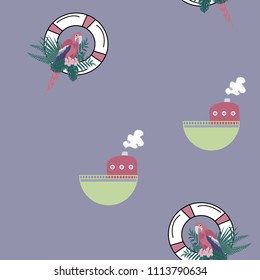 Marine seamless pattern with a boat, life buoy and parrot. Tropical leaves, parrot, lifebuoy and boat. Summer sea pattern with a boat for decorating a children's room, wallpapers, covers.