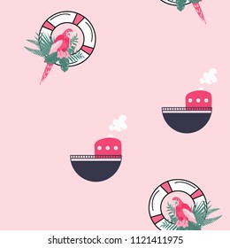 Marine seamless pattern with a boat, life buoy and parrot. Tropical leaves, parrot, lifebuoy and boat. Summer sea pattern with a boat for decorating a children's room, wallpapers, covers.
