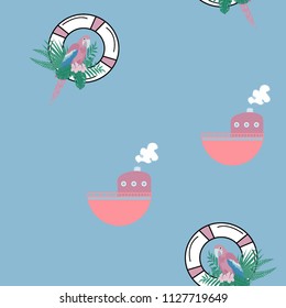 Marine seamless pattern with a boat, life buoy and parrot. Tropical leaves, parrot, lifebuoy and boat. Summer sea pattern with a boat for decorating a children's room, wallpapers, covers.