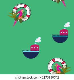 Marine seamless pattern with a boat, life buoy and parrot. Tropical leaves, parrot, lifebuoy and boat. Summer sea pattern with a boat for decorating a children's room, wallpapers, covers
