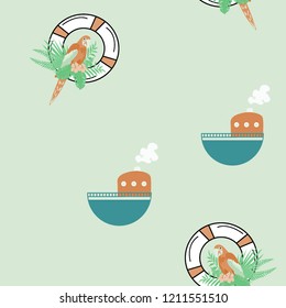 Marine seamless pattern with a boat, life buoy and parrot. Tropical leaves, parrot, lifebuoy and boat. Summer sea pattern with a boat for decorating a children's room, wallpapers, covers