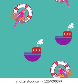Marine seamless pattern with a boat, life buoy and parrot. Tropical leaves, parrot, lifebuoy and boat. Summer sea pattern with a boat for decorating a children's room, wallpapers, covers