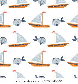 Marine seamless pattern, boat with a sail and fish. Vector