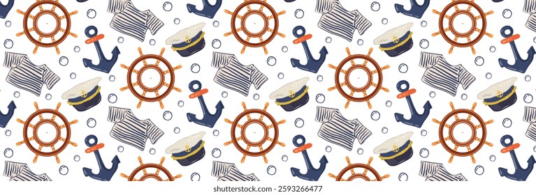 Marine seamless pattern with captain's hat, anchor, striped sailor suit and steering wheel. Trendy print on a nautical theme with elements for yachting. Vector background for fabric.